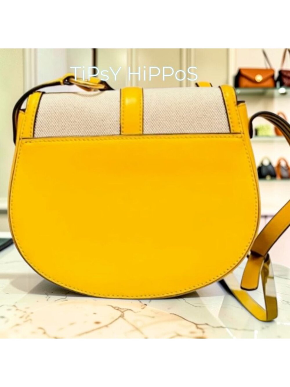 Tory Burch Miller Canvas & Leather Saddle Bag Yellow/Natural Crossbody - Picture 3 of 10